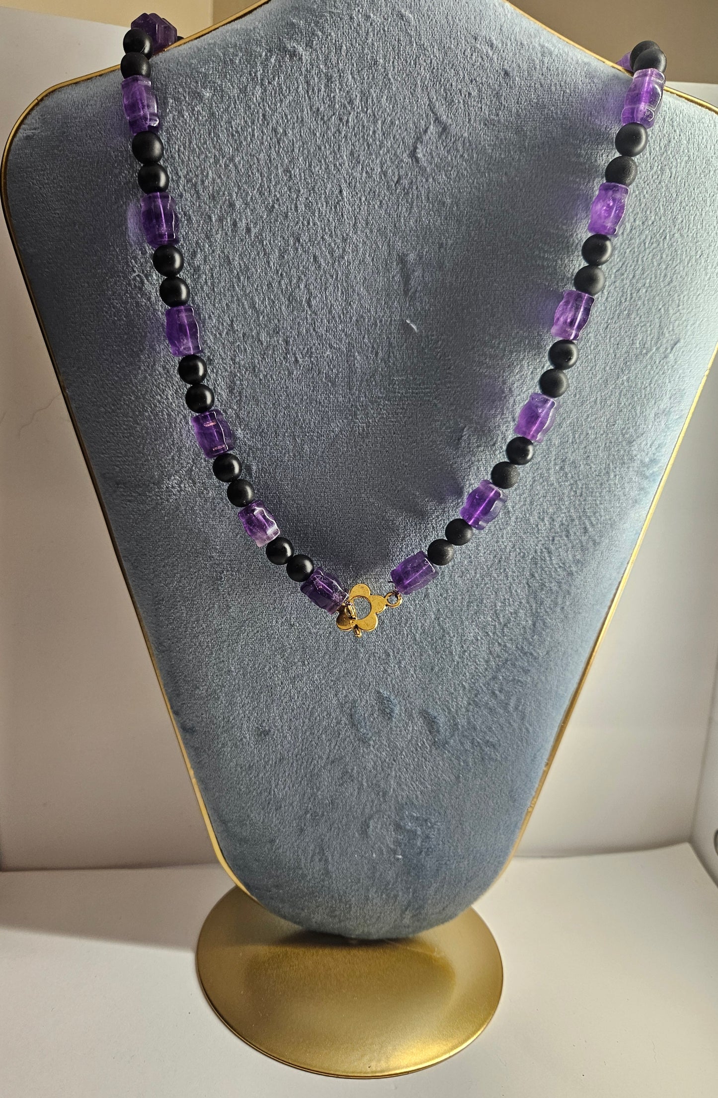 Amethyst and Czech Jet with brass front clasp