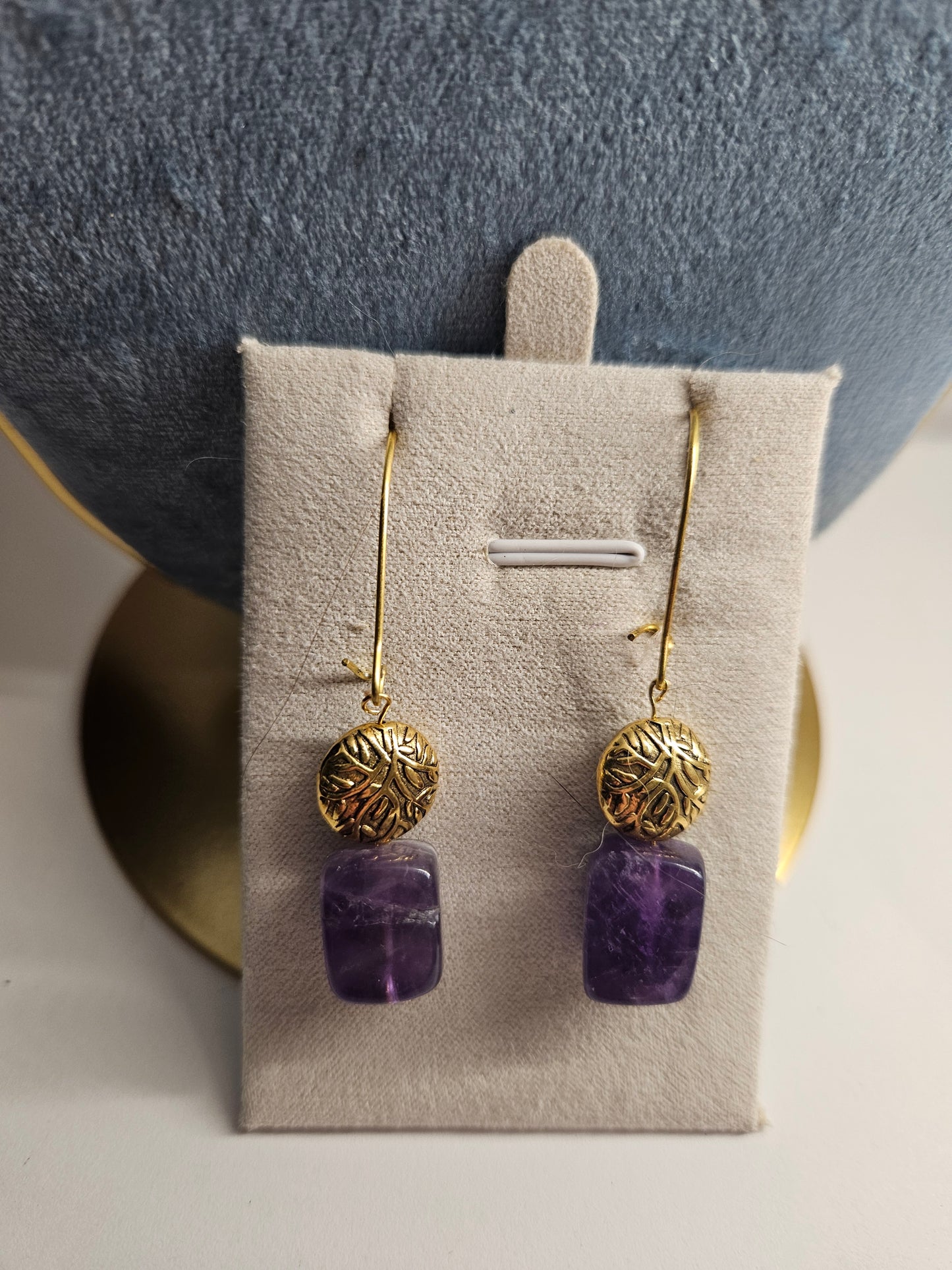 Amethyst cube, gold plated pewter earrings. Brass hooks.