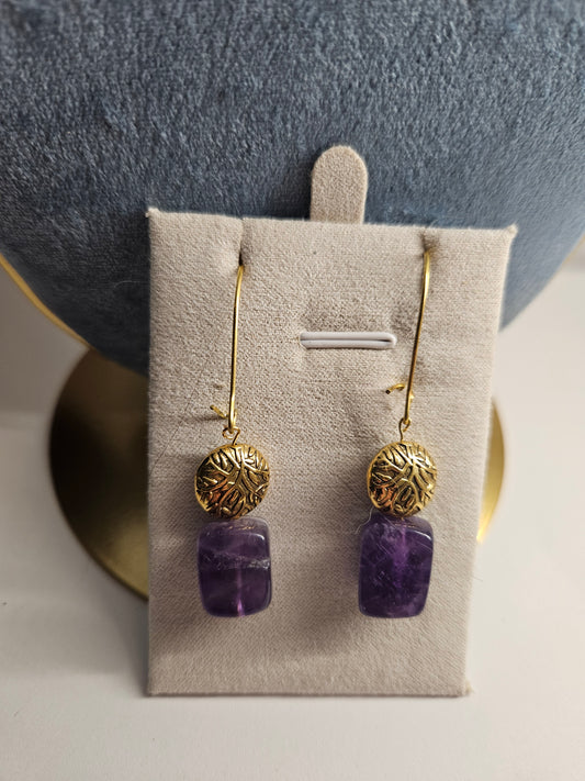 Amethyst cube, gold plated pewter earrings. Brass hooks.